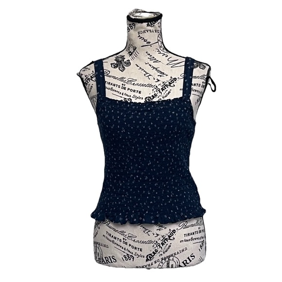 Madewell Blue Floral Smocked Crop Top Small Cottagecore Coquette Boho Stretch - Picture 2 of 11